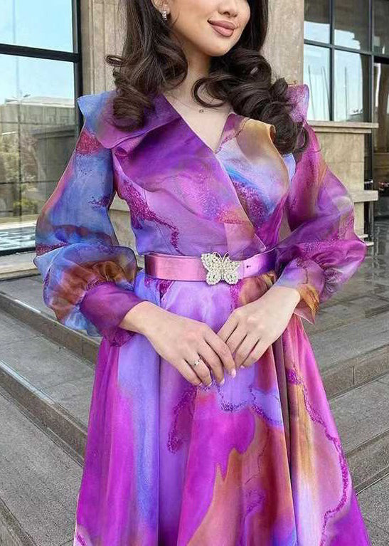 Purple Print Sashes Tulle Patchwork Exra Large Hem Dress Spring