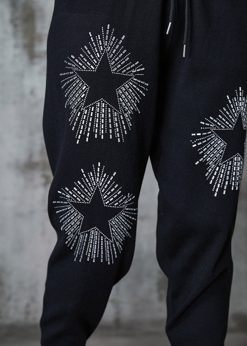 Diy Black Elastic Waist Zircon Cotton Harem Pants Spring