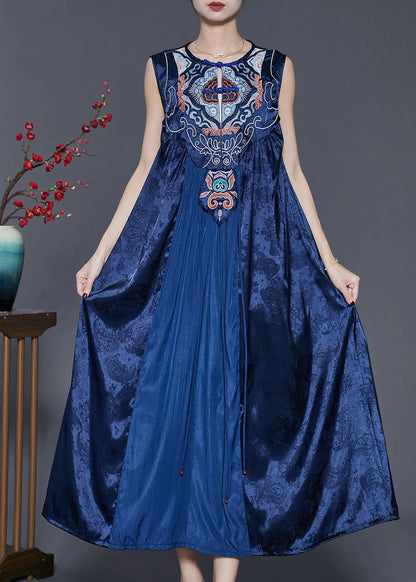 Blue Embroidered Patchwork Silk Dress Sleeveless