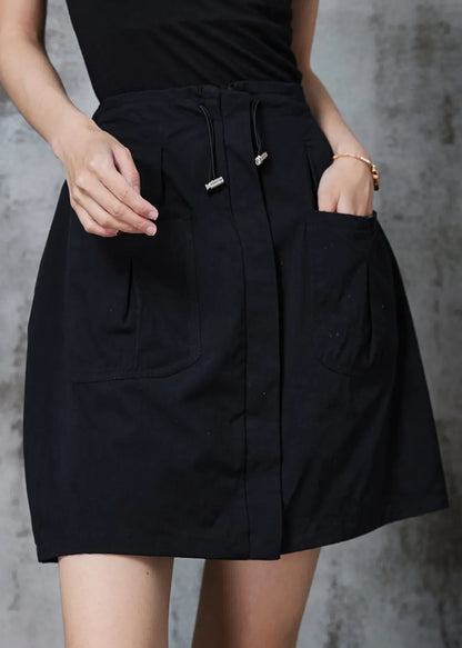 Black Drawstring Cotton a Line Skirt Summer