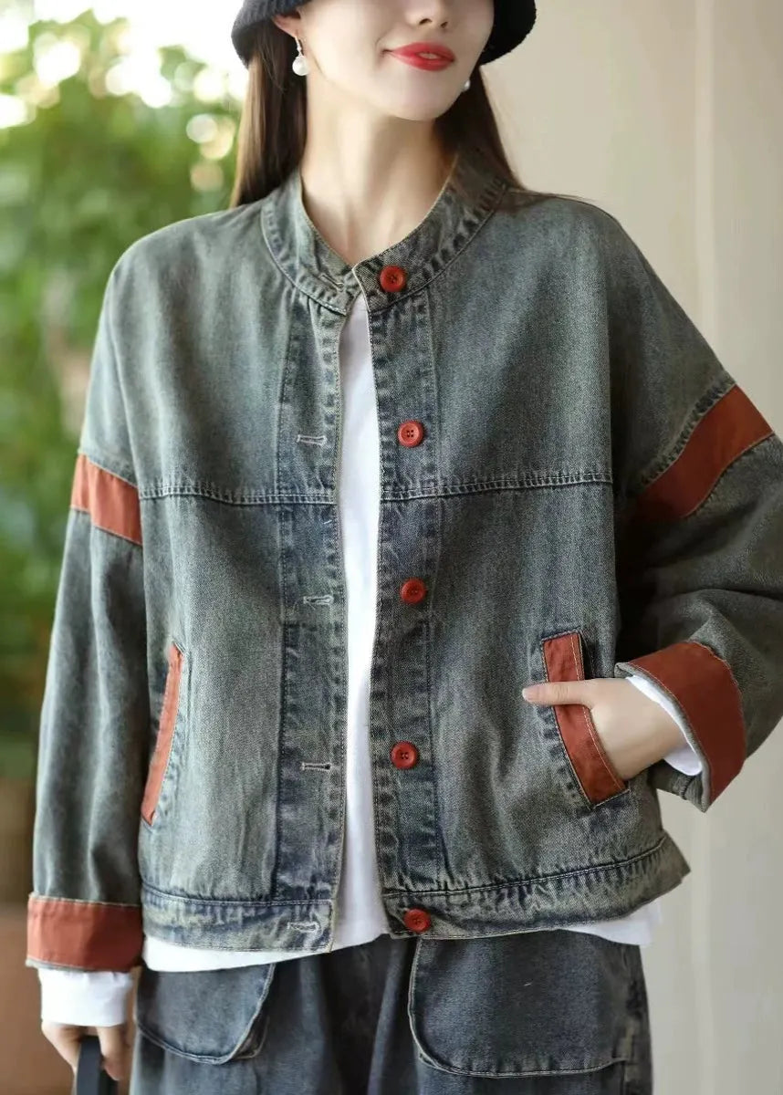 Blue Oversized Patchwork Denim Jacket Spring