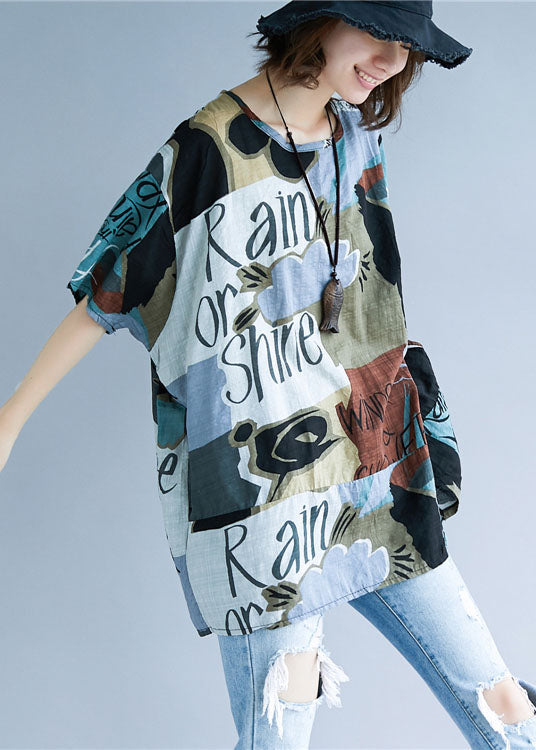 Colorblock Oversized Print Cotton Tops Summer