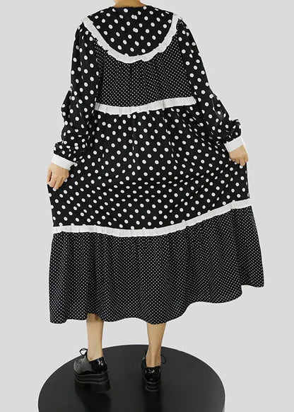Black Ruffles Zip Up Dot Patchwork Maxi Dresses Spring