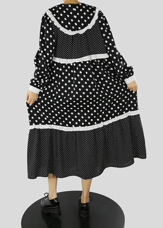 Black Ruffles Zip Up Dot Patchwork Maxi Dresses Spring