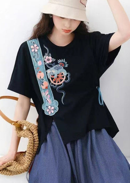 Black O Neck Embroideried Cotton T Shirt Top Summer