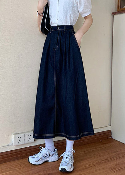 Modern Blue Zip Up Pocket Button Patchwork Cotton a Line Skirts Summer