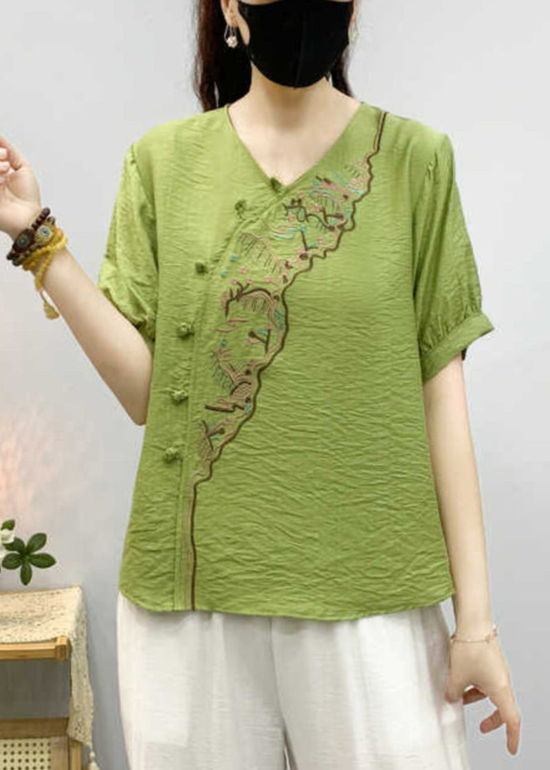 Pea Green Embroidered Button Linen Shirts Summer