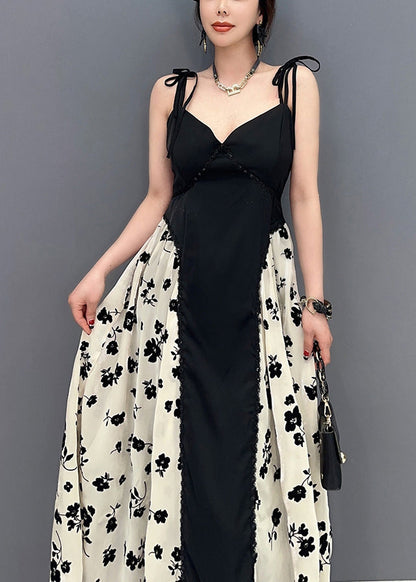 Black Bustier Top Patchwork Print Silk Spaghetti Strap Dress Summer
