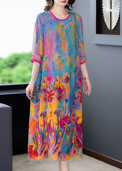 O-neck Oversized Print Silk Long Dress Bracelet Sleeve