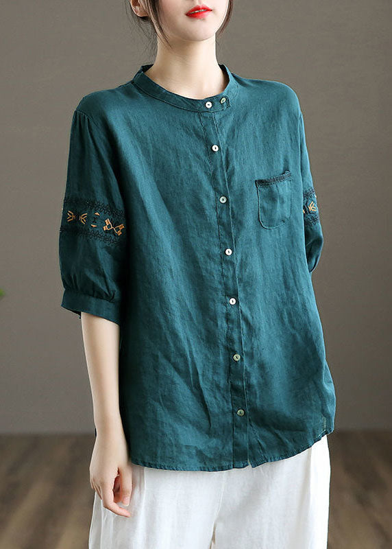 Peacock Blue Embroideried Patchwork Tops Half Sleeve