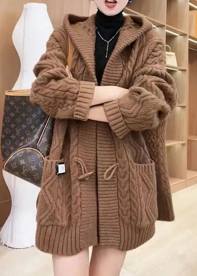 Chocolate Colour Button Cable Knit Sweaters Coats Fall