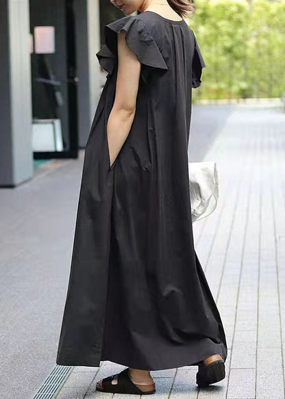 Black V Neck Patchwork Ruffled Cotton Maxi Dresses Summer
