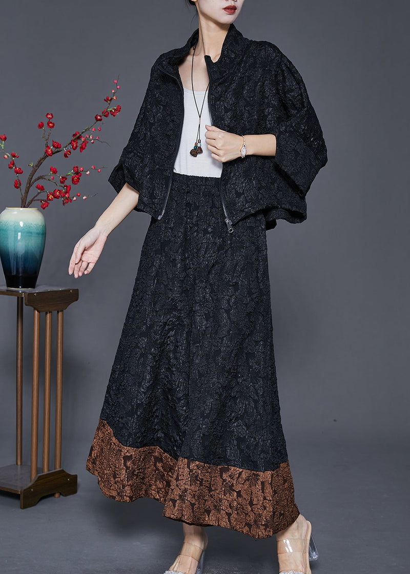 Black Oversized Patchwork Spandex Two Piece Set Outfits Spring