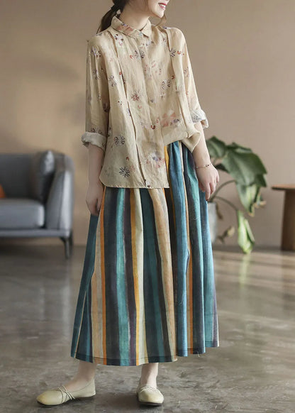 Color Stripe Striped Linen a Line Skirts Spring