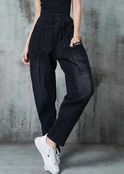 Fine Black Oversized Pockets Denim Harem Pants Spring