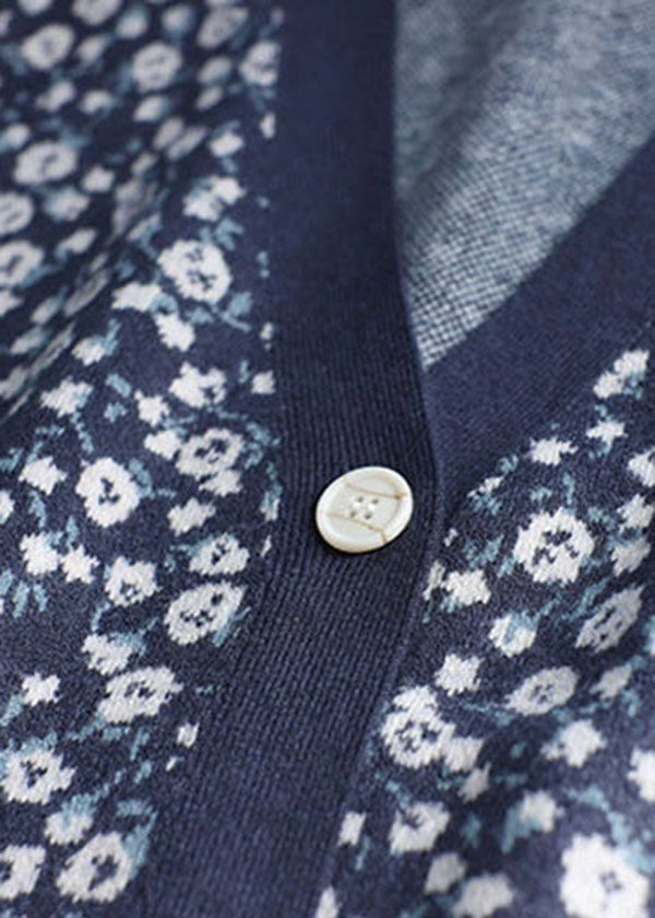 Blue V Neck Print Button Knit Cardigans Spring