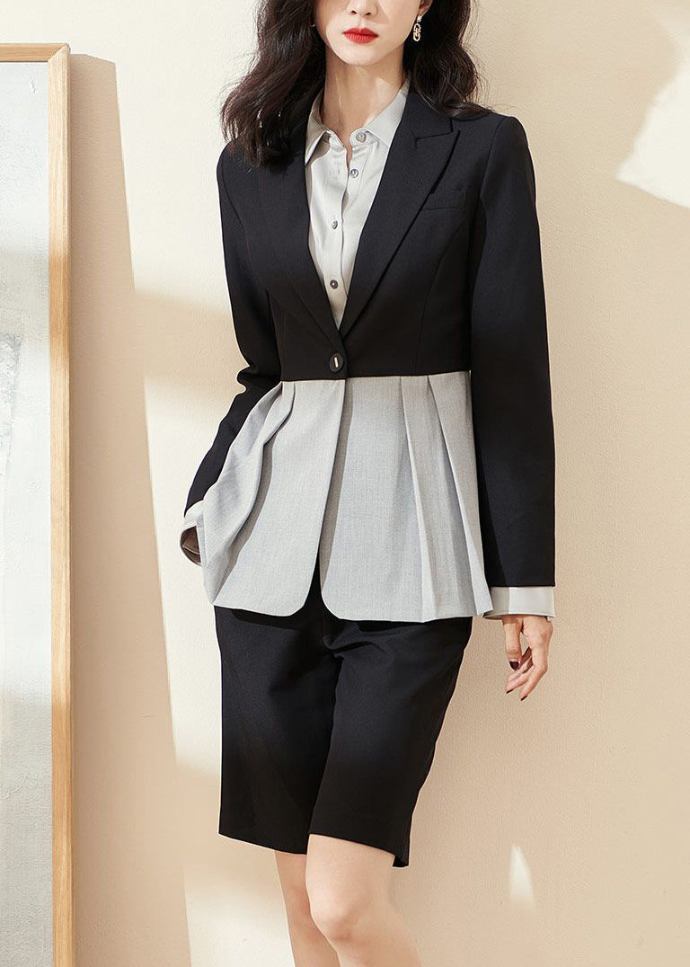 Loose Black Asymmetrical Patchwork Shirts and Shorts Two Pieces Sets Long Sleeve