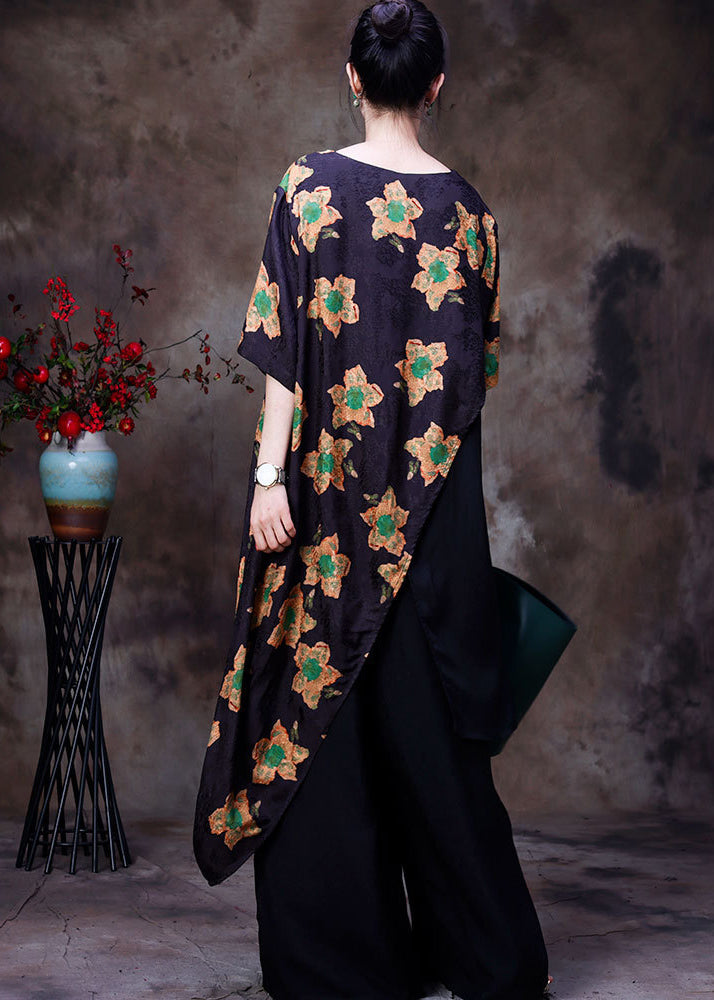 Art Yellow Print Asymmetrical Design Silk Top and Wide Leg Pants Two-piece Set Short Sleeve