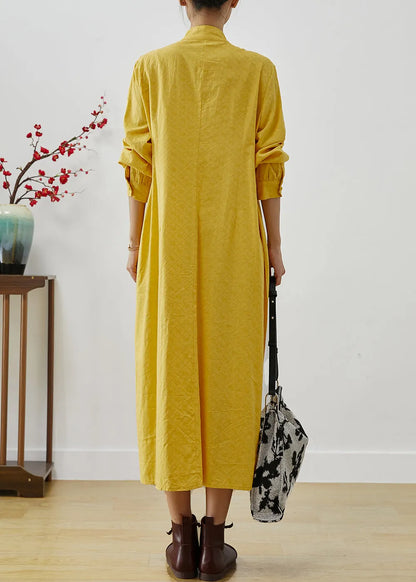 Yellow Tasseled Wrinkled Cotton Shirt Dress Fall