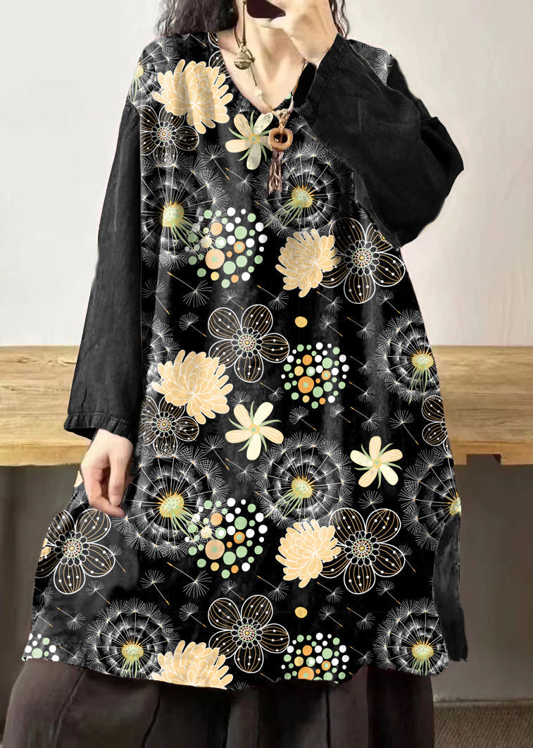 Black Flower V Neck Embroidered Patchwork Linen Mid Dresses Fall