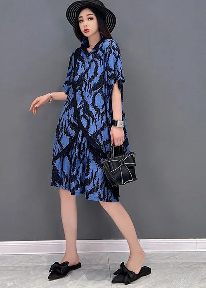 Blue Print Tops and Shorts Two Piece Suit Set Asymmetrical Side Open Summer