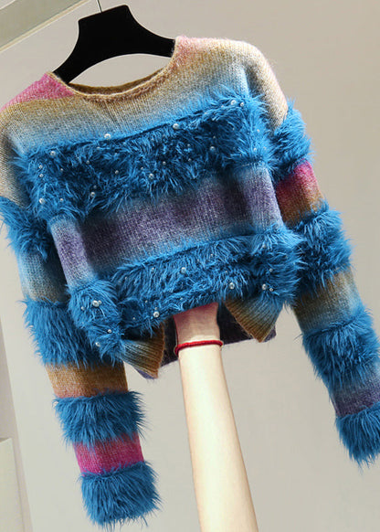 Gradient Color Blue O-neck Patchwork Nail Bead Cotton Knit Sweaters Winter