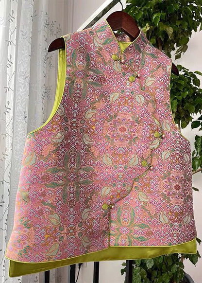 Pink Asymmetrical Button Print Cotton Waistcoat Sleeveless