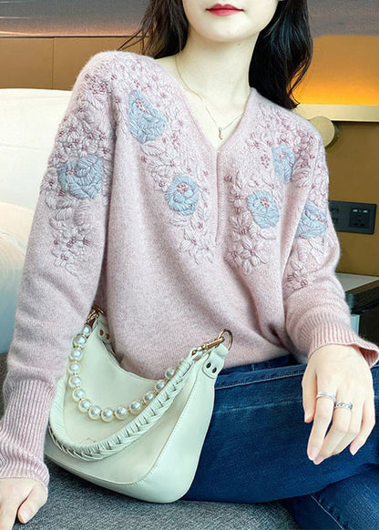 French V Neck Embroideried Patchwork Cotton Knit Sweaters Fall