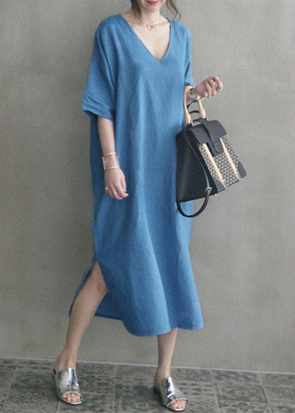 Blue V Neck Patchwork Side Open Linen Maxi Dress Summer