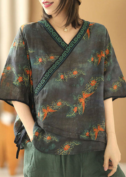 Navy Embroideried Asymmetrical Design Print Tie Waist Linen Shirt Short Sleeve
