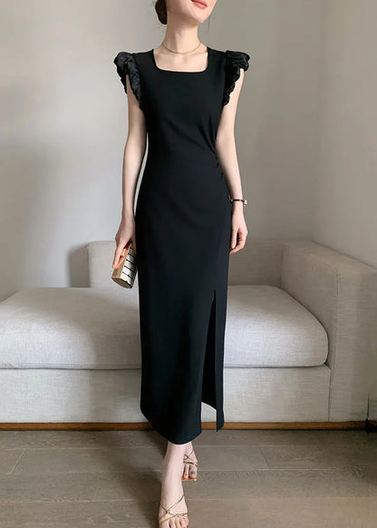 Slim Fit Black Square Collar Side Open Cotton Long Dresses Summer