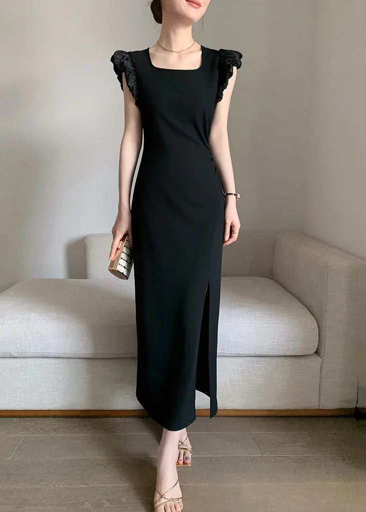 Slim Fit Black Square Collar Side Open Cotton Long Dresses Summer
