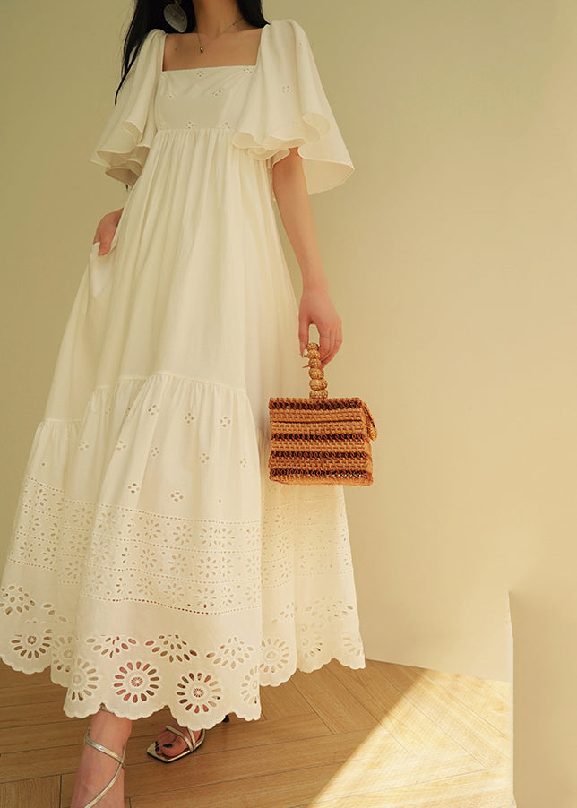 Brief White Square Collar Hollow Out Maxi Dresses Summer