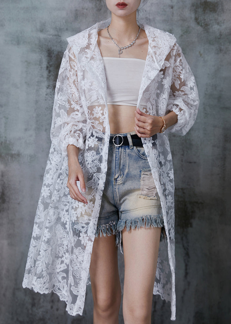 White Hooded Embroidered Tulle Upf 50+ Cardigans Summer