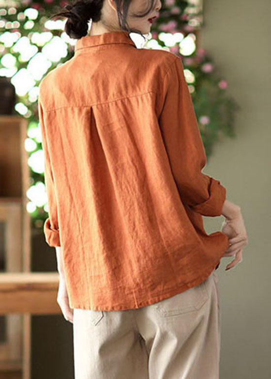 Orange Button Peter Pan Collar Embroideried Linen Blouses Spring