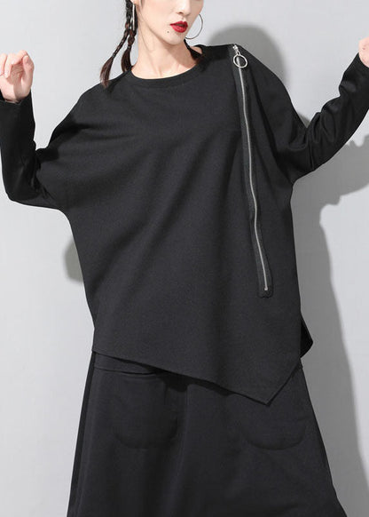 Black O-neck Patchwork Asymmetrical Design Zippered Fall Long Sleeve Top