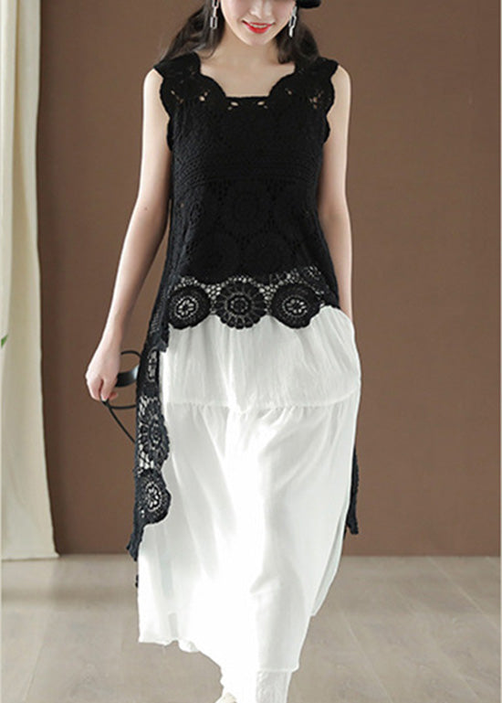 Black Asymmetrical Hollow Out Low High Design Cotton Top Summer