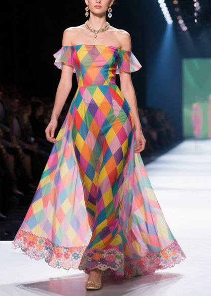 Colorblock Cold Shoulder Plaid Chiffon Strapless Dress Summer