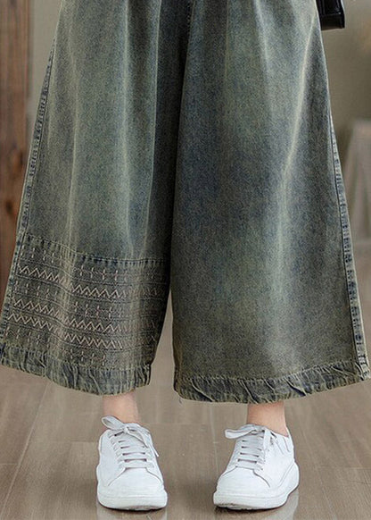 Chinese Style Embroidered Patchwork Tie Waist Crop Wide Leg Jeans Summer