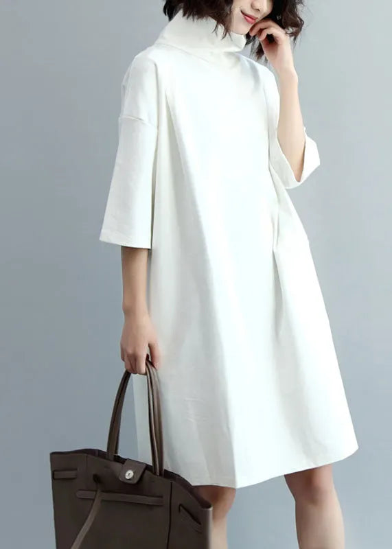 White Turtle Neck Cotton Maxi Dresses Half Sleeve