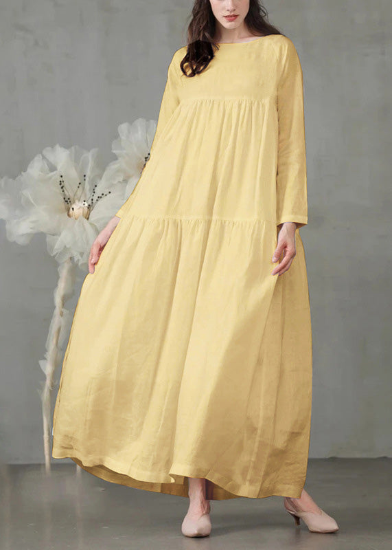 Art Yellow Patchwork Loose Linen Dress Long Sleeve