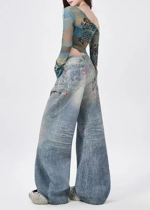 Unique Blue Oversized Print Denim Wide Leg Pants Spring