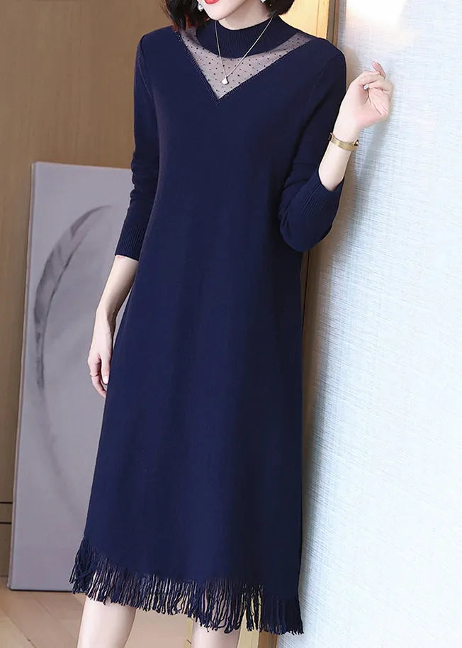 Navy O-neck Tasseled Wool Knit Dress Long Sleeve