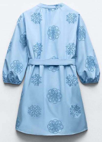 Art Blue Embroidered Hollow Out Tie Waist Cotton Mid Dress Half Sleeve