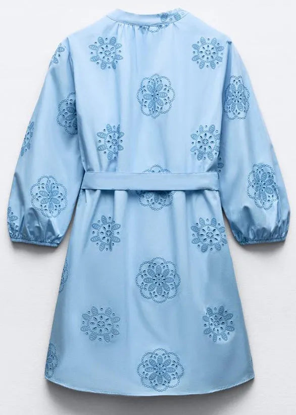Art Blue Embroidered Hollow Out Tie Waist Cotton Mid Dress Half Sleeve