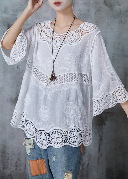 White Oversized Patchwork Lace Cotton Blouses Flare Sleeve