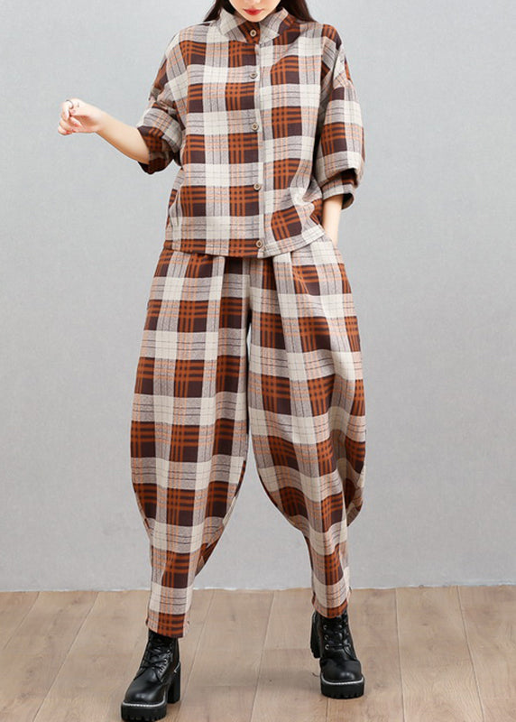 Plaid Button Top and Beam Pants Two Pieces Set Spring