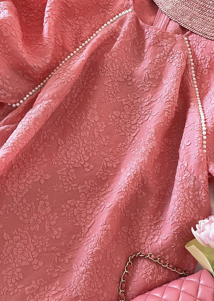 Loose Red O-neck Silk Maxi Dresses Puff Sleeve