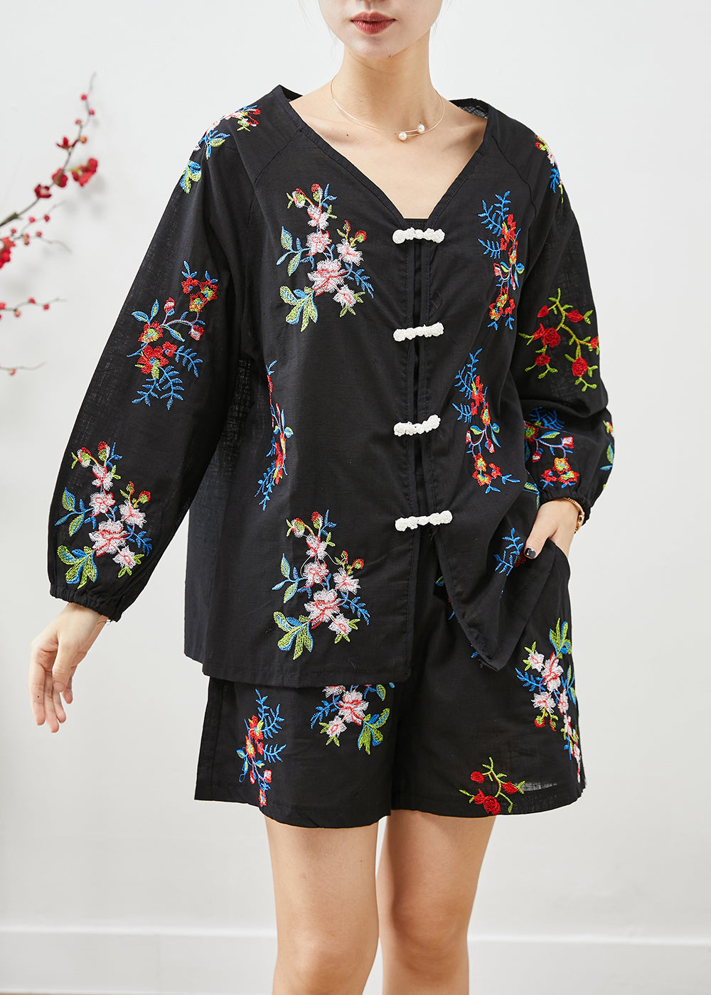 Black Embroideried Chinese Button Cotton Sets 2 Pieces Fall
