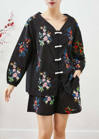 Black Embroideried Chinese Button Cotton Sets 2 Pieces Fall